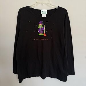 Quacker Factory Witch Embroidered Long Sleeve Shirt Plus Sz 1X Halloween Quirky